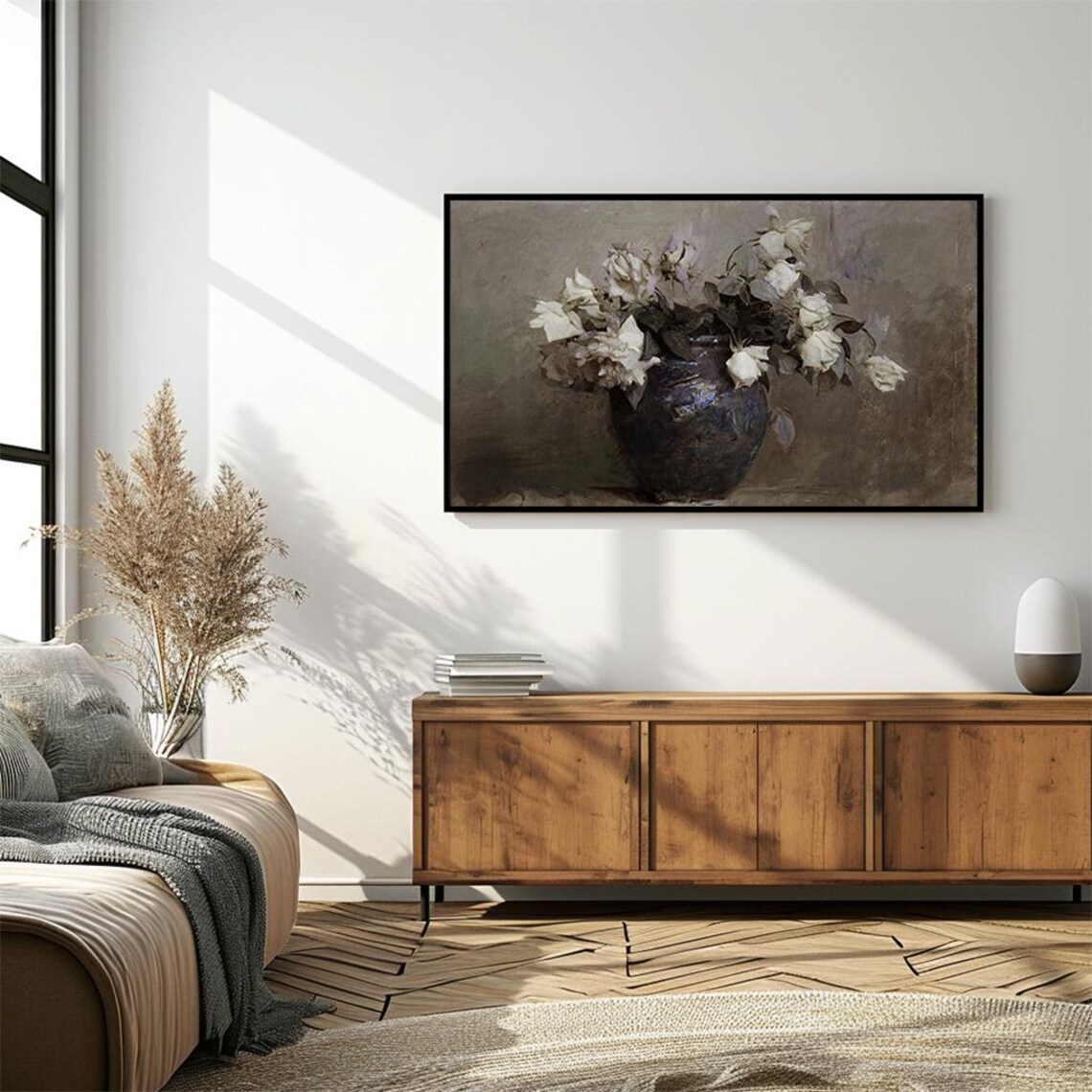 White Roses Blue Vase Vintage Still Life Floral Painting Poster - Image 4