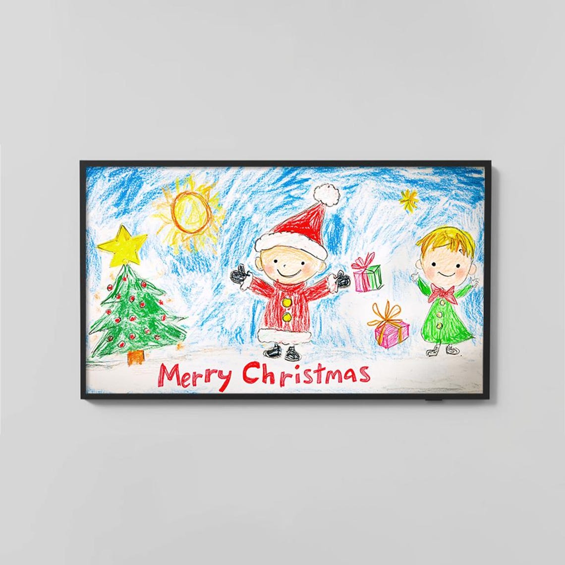Merry Christmas Kids Crayon Drawing Colorful Holiday Scene Poster - Image 2