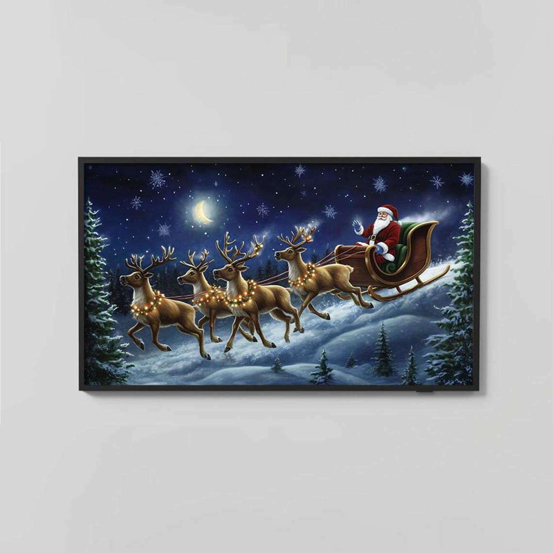 Santa Flying Sleigh with Reindeer Magical Christmas Night Sky Poster - Image 2