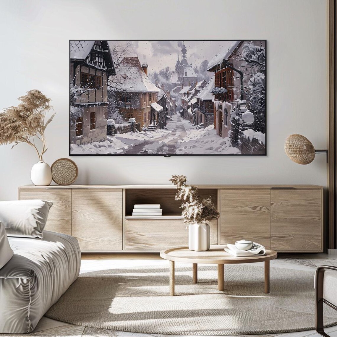 Snowy European Old Town Street Half Timbered Winter Painting Poster - Image 5