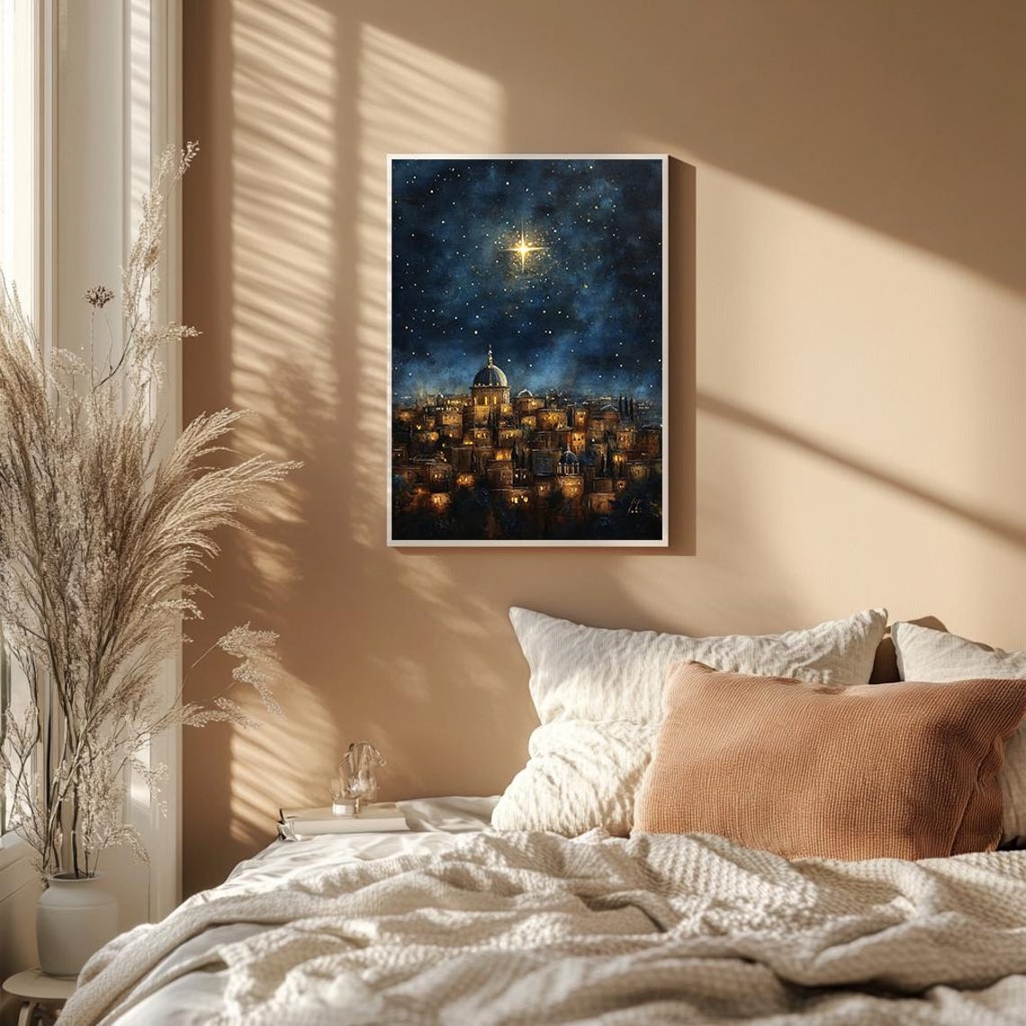 Star Of Bethlehem Over Glowing City Night Sky Christmas Poster - Image 2
