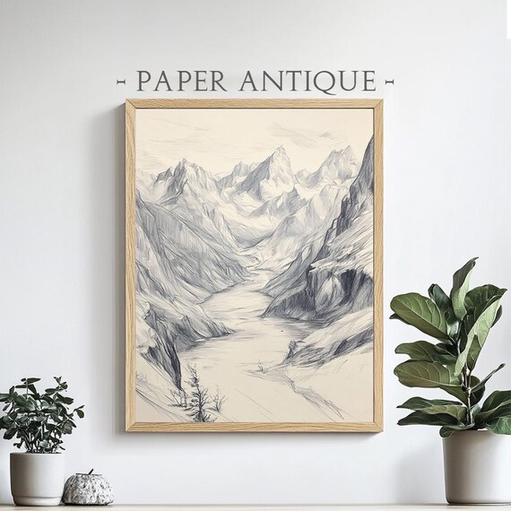 Mountain Range Pencil Sketch Moody Landscape Art Serene Minimalist Nature Scene Wall Art Decor Pt