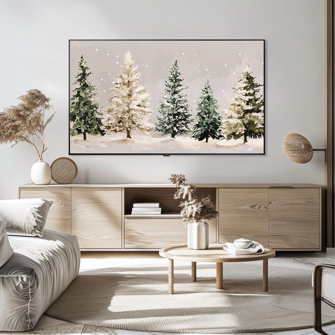 Snow Covered Evergreen Trees Falling Snow Watercolor Winter Poster - Image 5