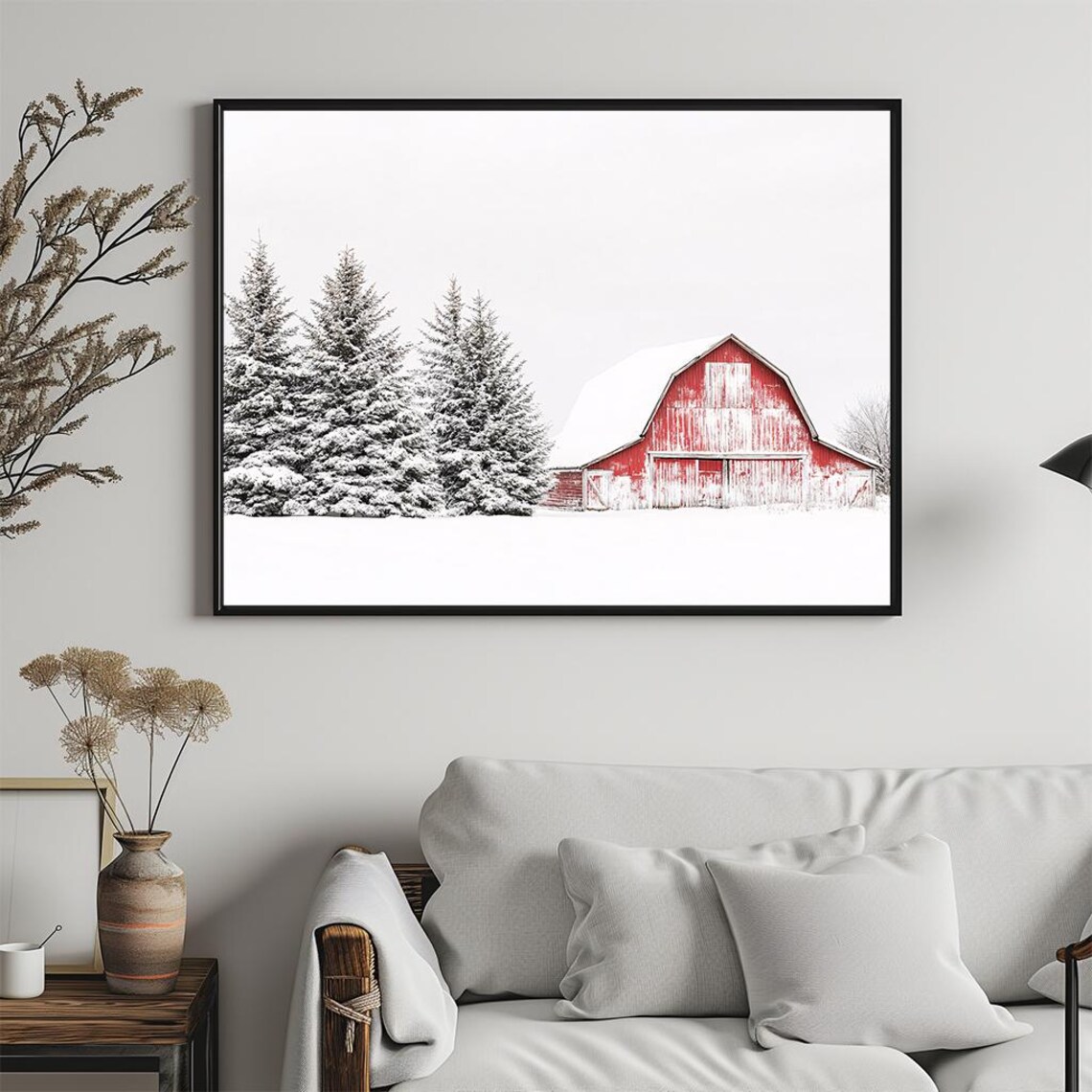 Red Barn In Snow Minimalist Winter Photography Snowy Pines Poster - Image 5