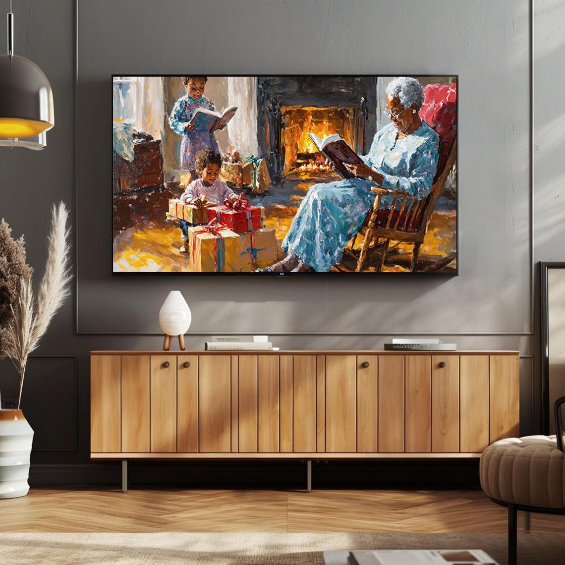Family Christmas by Fireplace Heartwarming Holiday Painting Poster - Image 4
