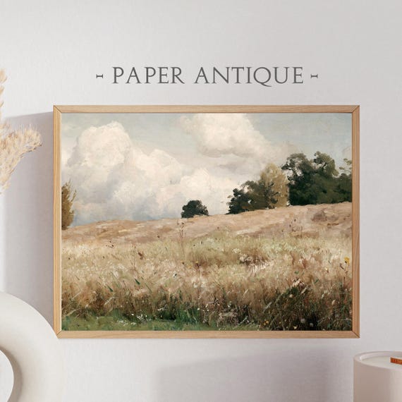Landscape Oil Painting Countryside Field Scenery Cloudy Sky Rustic Nature Art Print Instant Wall Art Ls