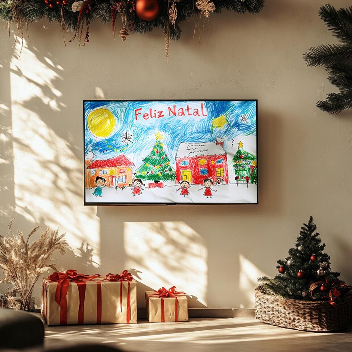 Festive Christmas Drawing Children with Tree Feliz Natal Poster - Image 3