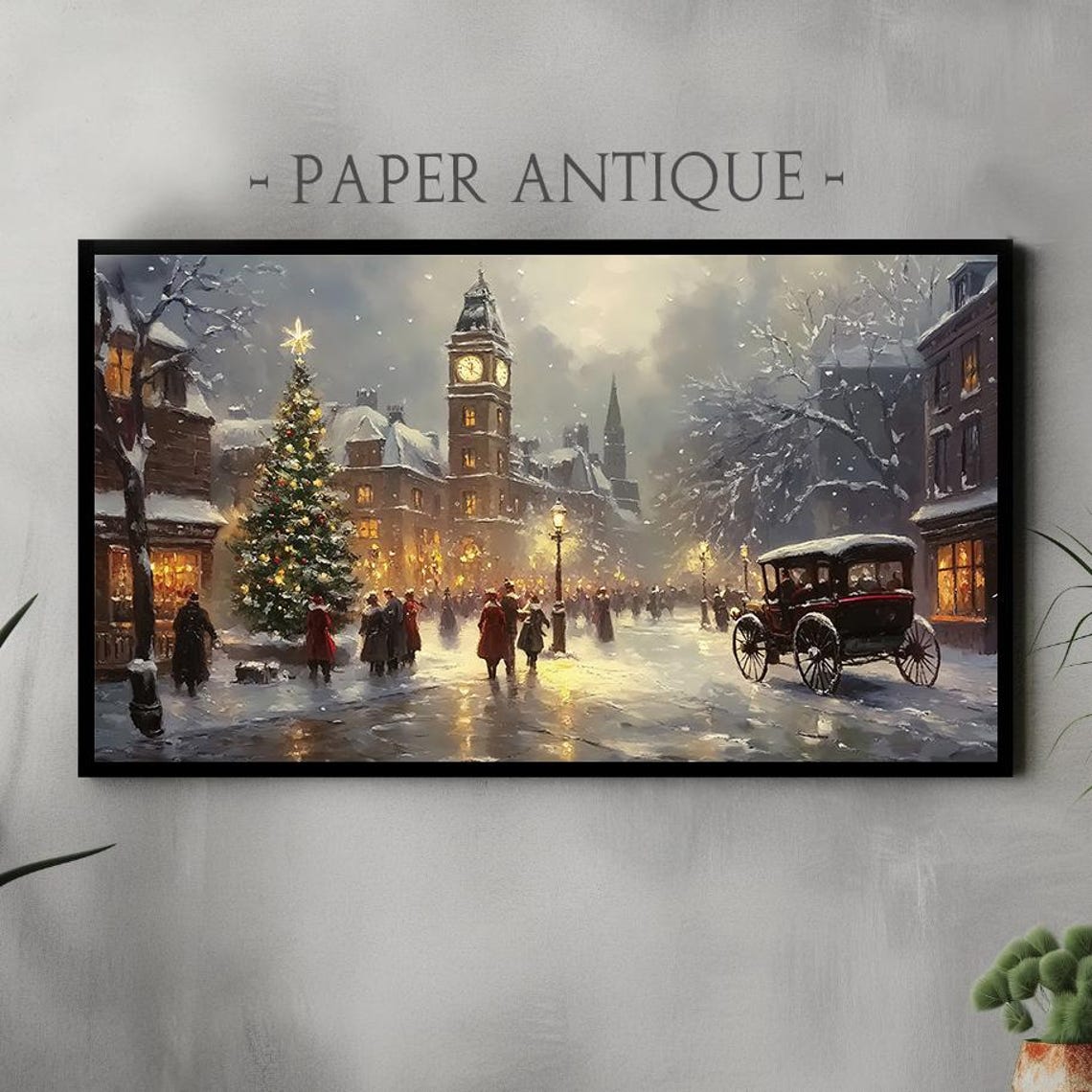 Victorian Christmas Street Clock Tower Horse Carriage Poster