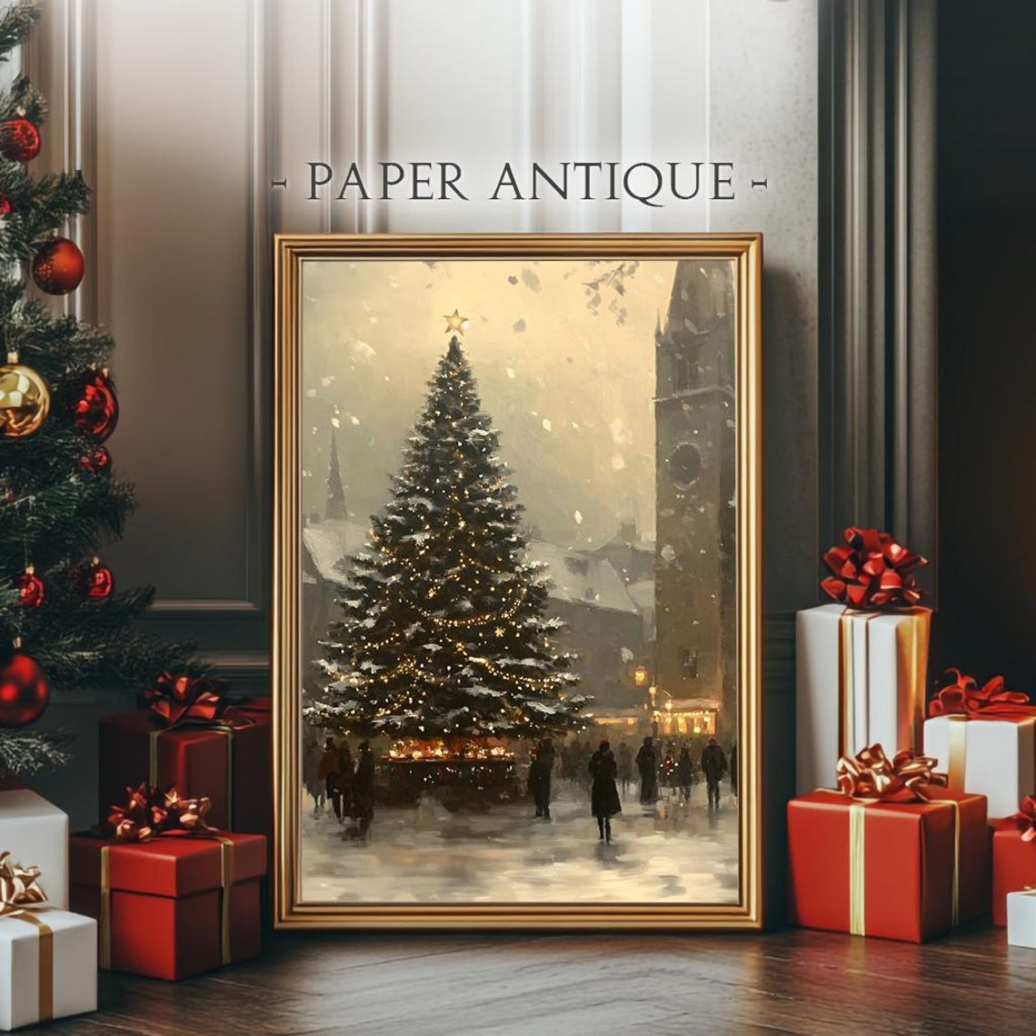 Christmas Tree in Town Square Snowy Evening Oil Painting Poster