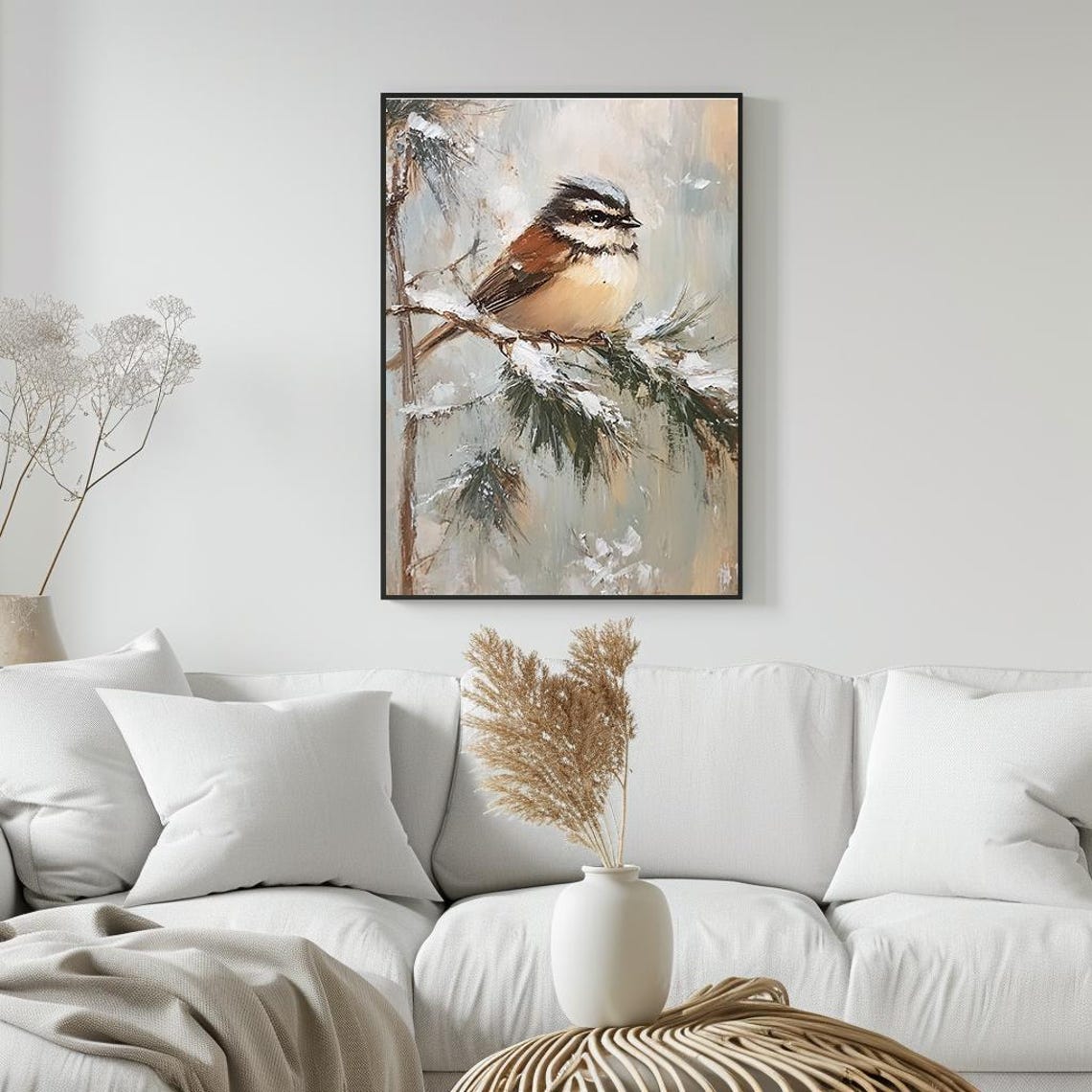 Chickadee Perched On Snowy Pine Branch Winter Bird Painting Poster - Image 3