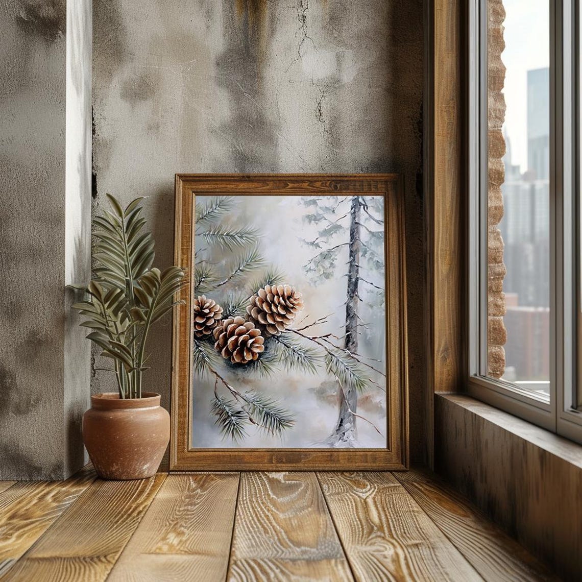 Pine Cones On Snowy Branch Winter Botanical Still Life Painting Poster - Image 3