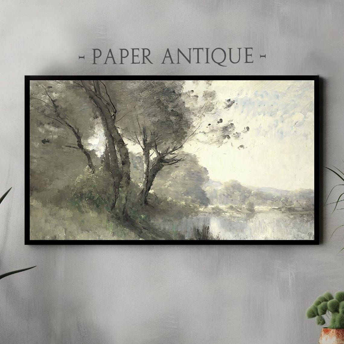 Tall Trees Along Misty Riverbank Romantic Vintage Oil Landscape Poster