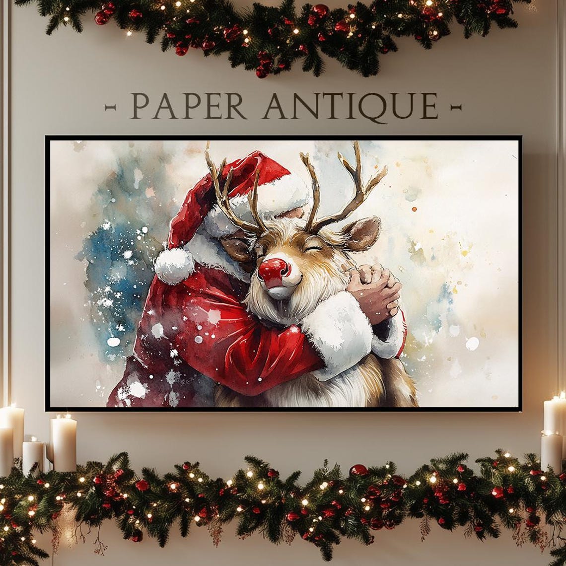 Heartwarming Santa Hugging Reindeer Watercolor Christmas Poster