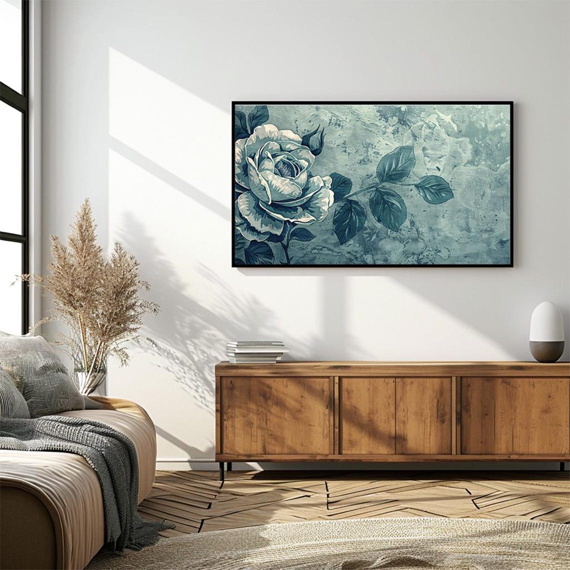 Teal Blue Rose Monochrome Vintage Floral Study Design Poster - Image 4