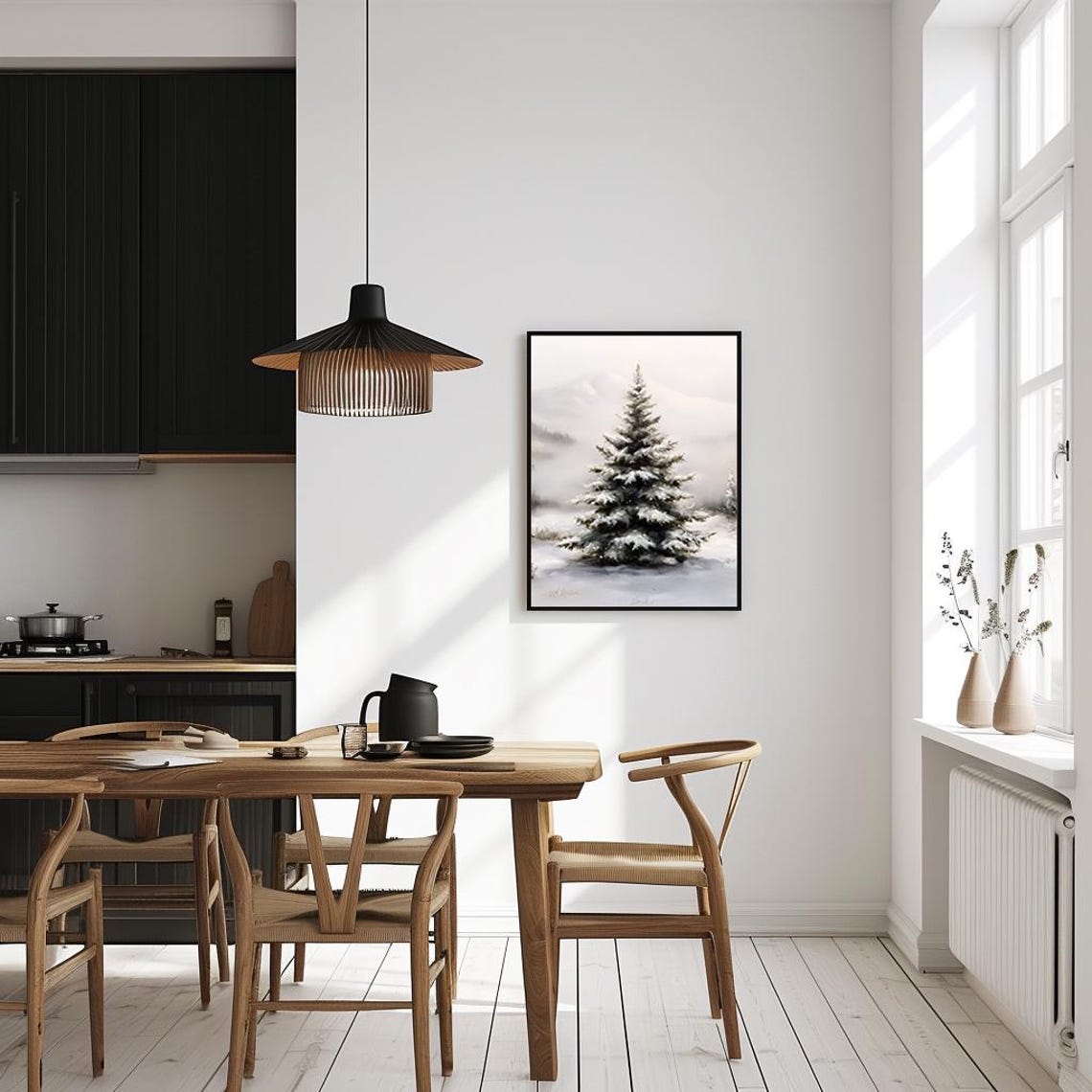 Snowy Pine Tree in Misty Winter Forest Classic Oil Painting Poster - Image 4