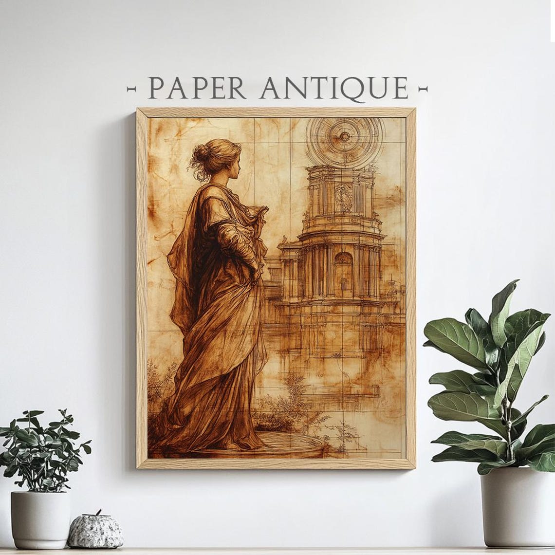 Classical Statue And Architecture Sketch Historic Art Sepia Tones Detailed Drawing Timeless Wall Art Print Pt