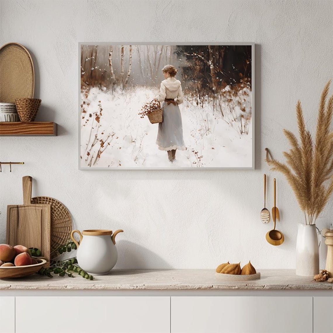 Woman with Basket in Snowy Winter Birch Forest Vintage Painting Poster - Image 4