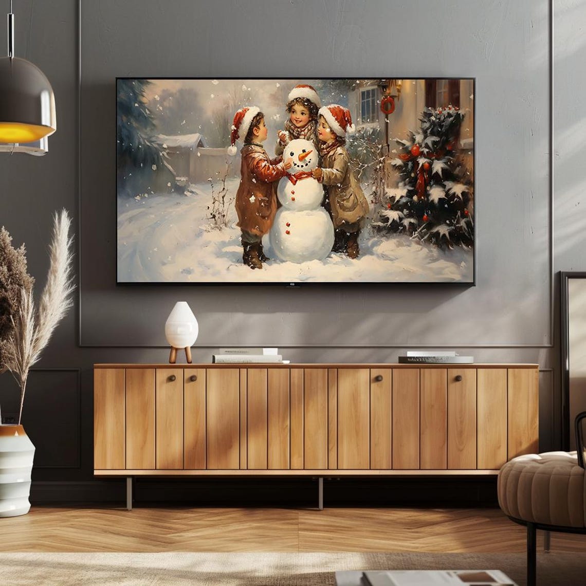 Children Building Snowman Vintage Cozy Christmas Painting Poster - Image 4
