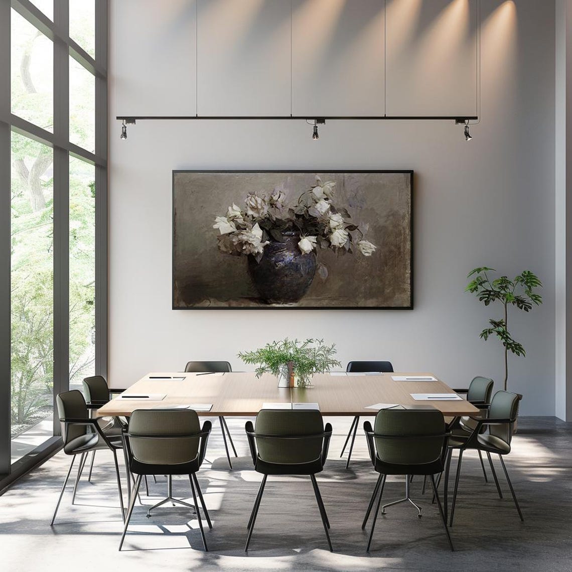 White Roses Blue Vase Vintage Still Life Floral Painting Poster - Image 3