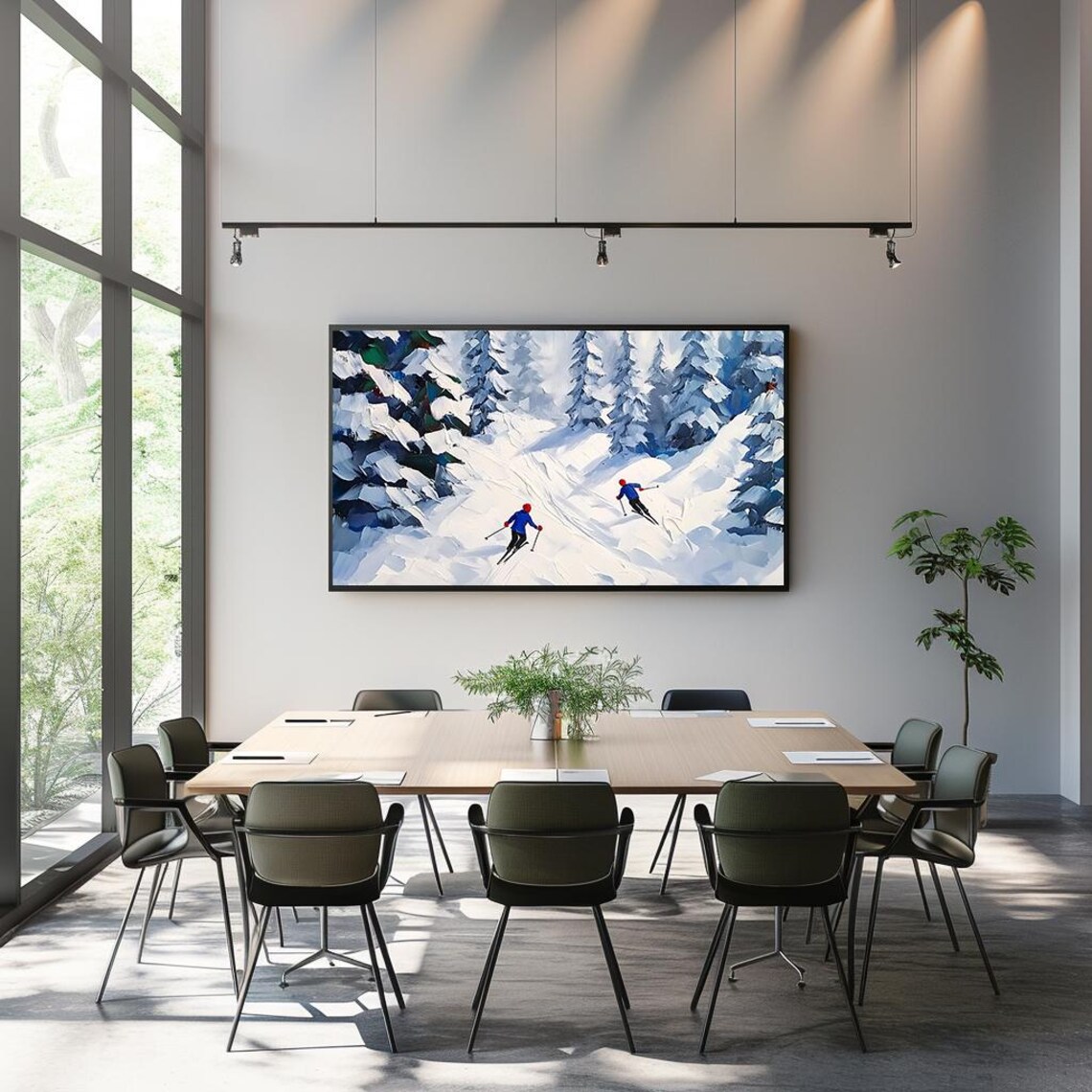 Two Skiers Descending Snowy Mountain Trail Oil Painting Winter Poster - Image 3