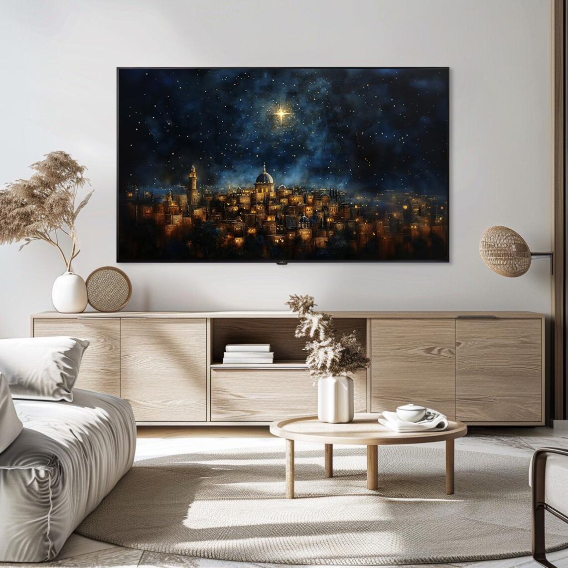 Starry Night Over Cityscape Oil Painting Serene Christmas Star Poster - Image 5