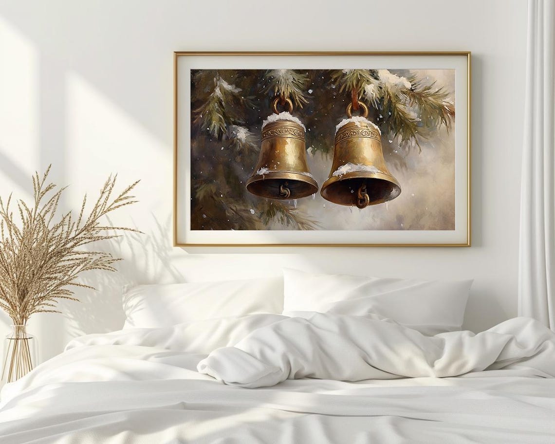 Two Snowy Brass Bells Hanging Pine Branches Winter Art Poster - Image 2