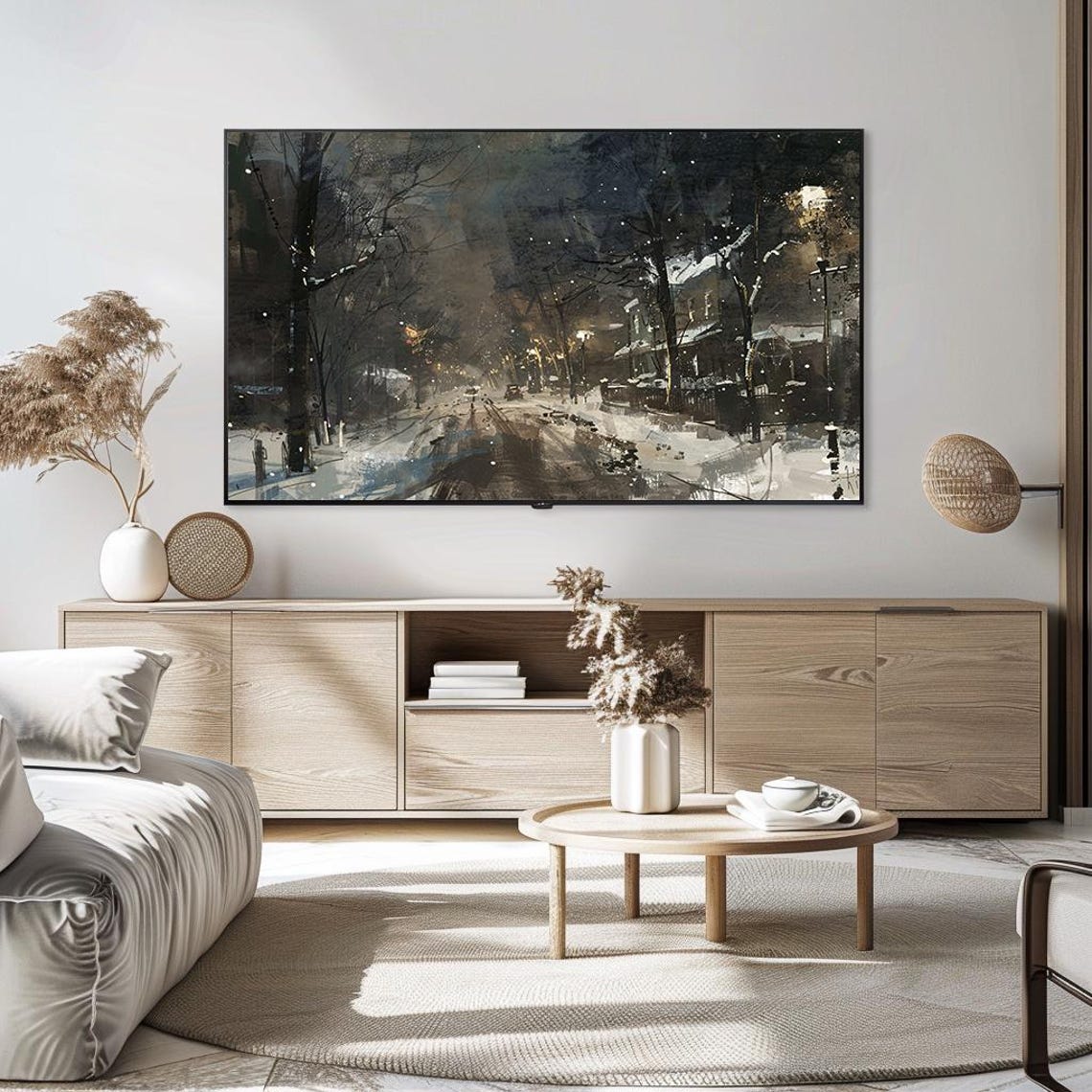 Snowy Night Street Glowing Street Lamps Winter Evening Poster - Image 5