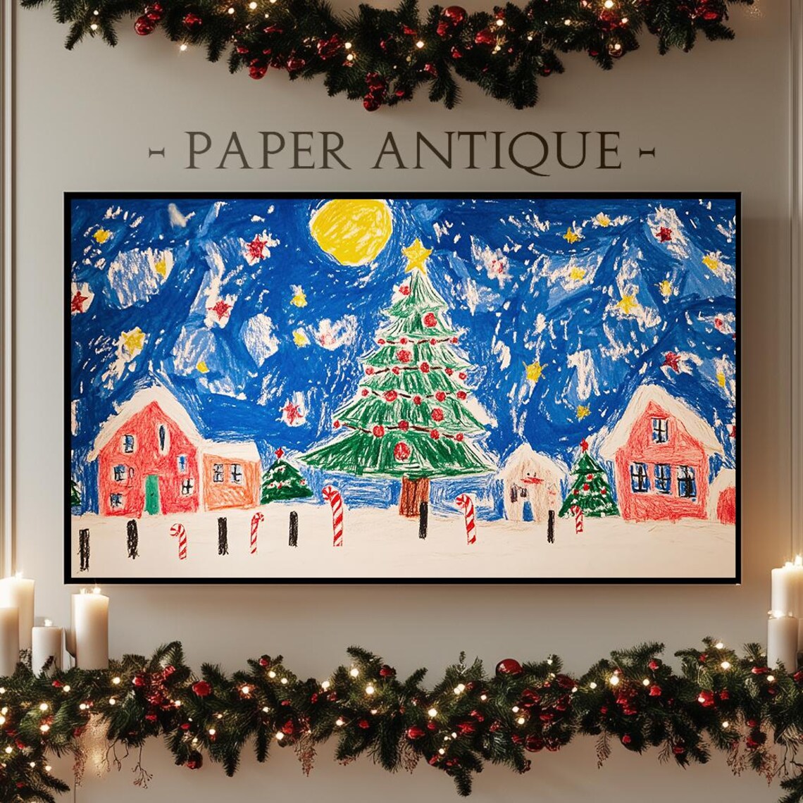 Colorful Christmas Village Drawing Kids Art Winter Scene Poster