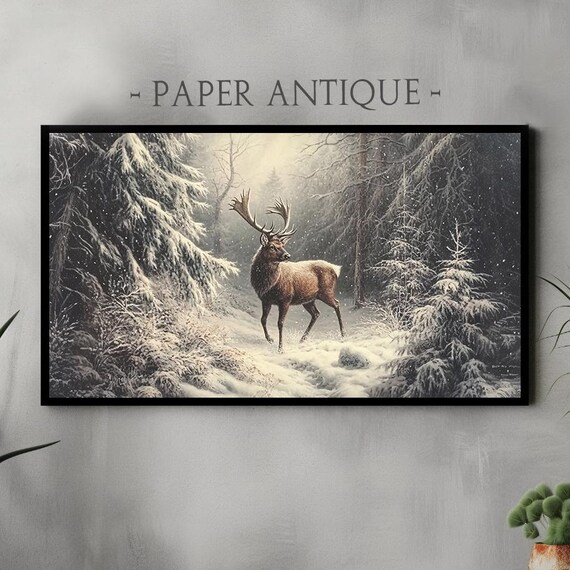 Majestic Winter Stag Standing in a Snow Covered Forest Poster
