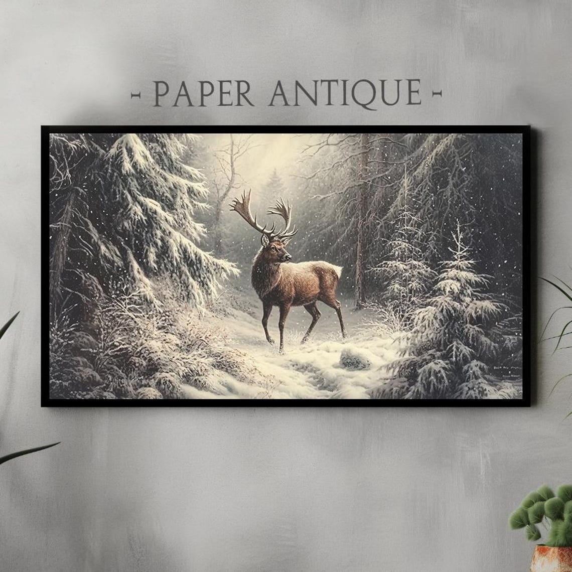 Majestic Winter Stag Standing in a Snow Covered Forest Poster