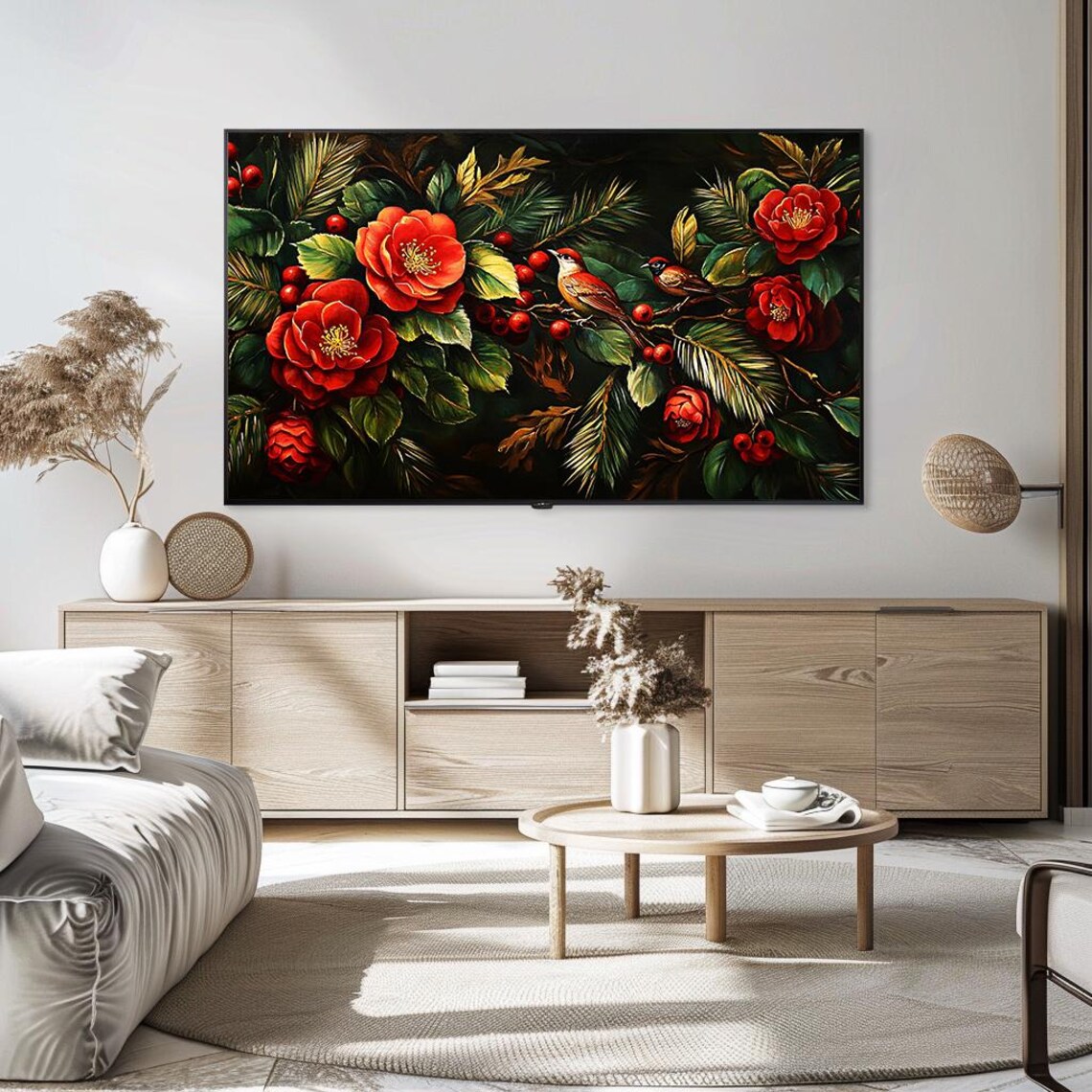 Red Camellias With Songbirds Moody Floral Panorama Painting Poster - Image 5