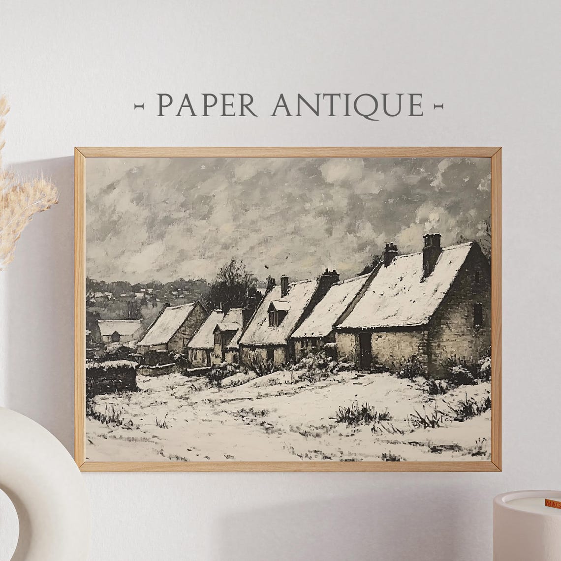 Monochrome Snowy Village Stone Cottages Vintage Winter Art Poster