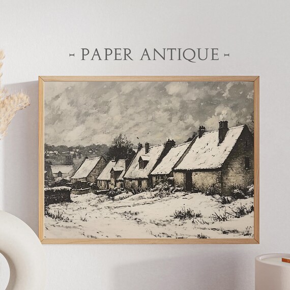 Monochrome Snowy Village Stone Cottages Vintage Winter Art Poster