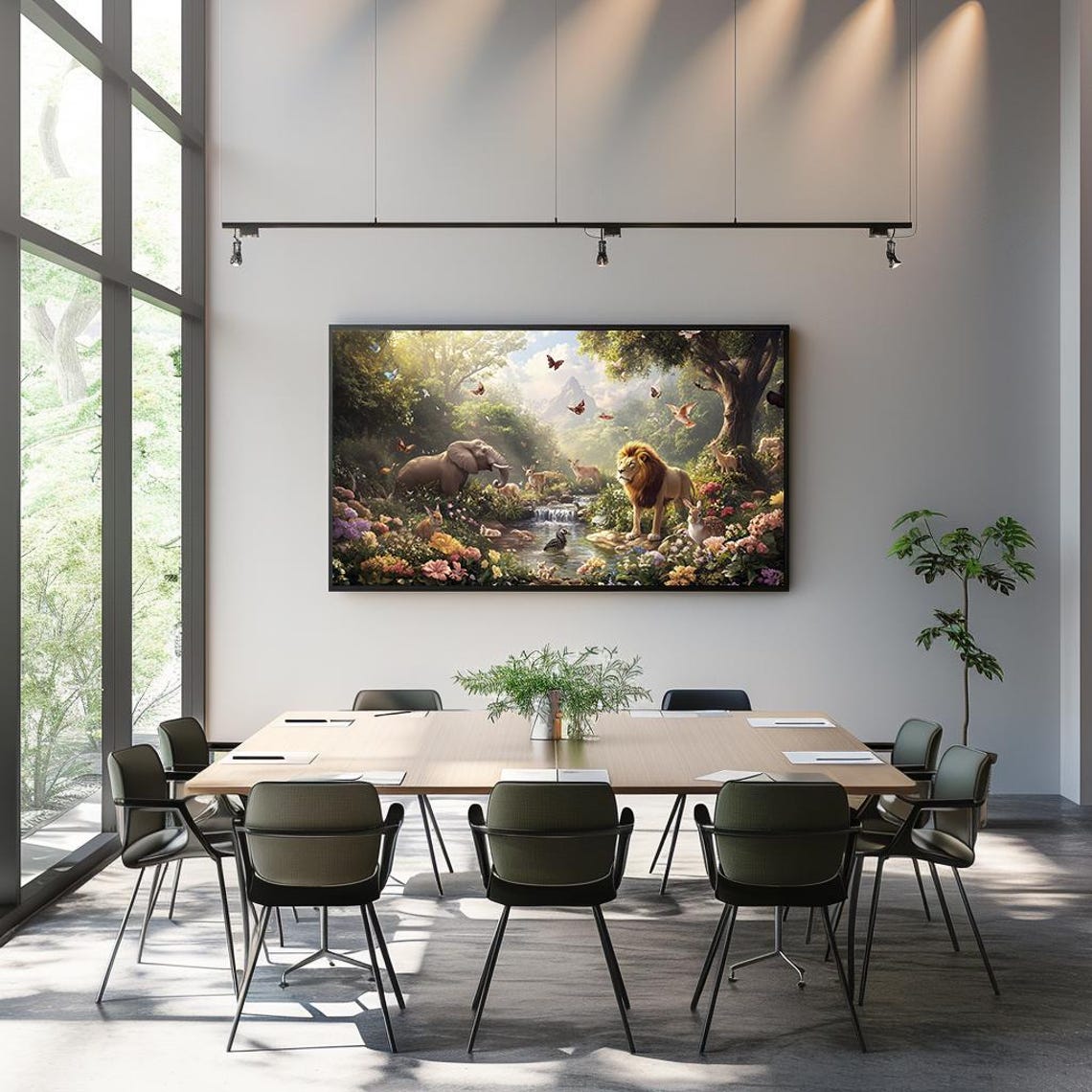 Wildlife Paradise Lion Elephant Waterfall Lush Jungle Garden Poster - Image 3