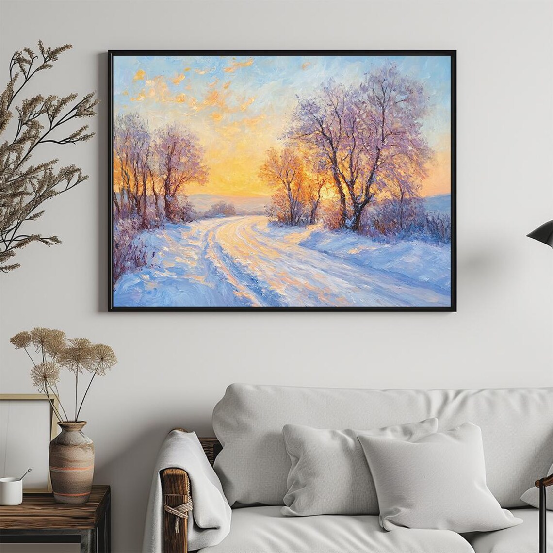 Winter Sunset Landscape Snowy Road Golden Oil Painting Holiday Poster - Image 5