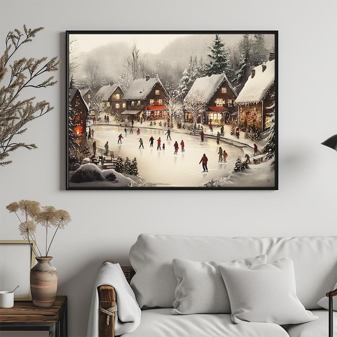 Christmas Village Ice Skating Watercolor Festive Winter Scene Poster - Image 5