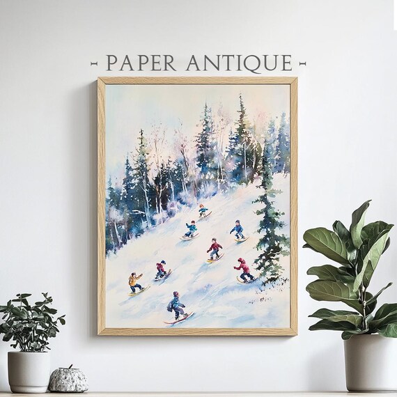 Kids Sledding Down Snowy Hill Watercolor Winter Scene Poster