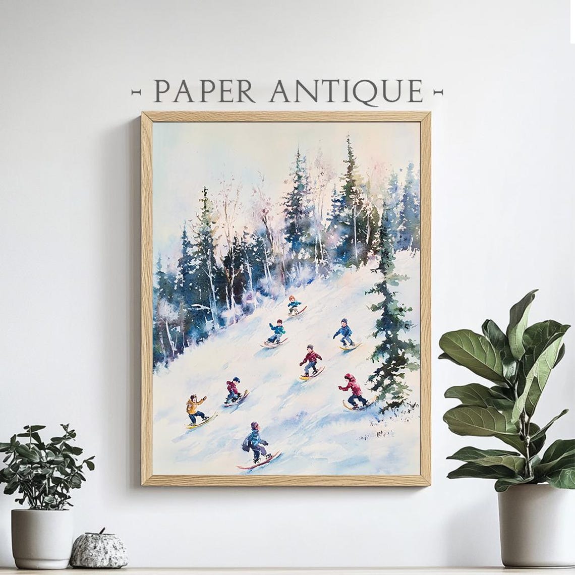 Kids Sledding Down Snowy Hill Watercolor Winter Scene Poster