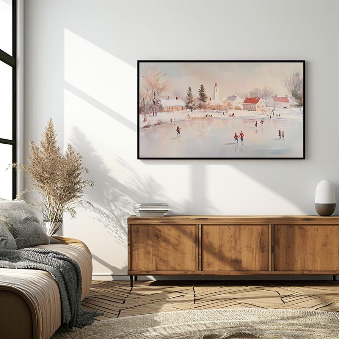 Ice Skating Winter Village Scene Nostalgic Oil Painting Snowy Poster - Image 4