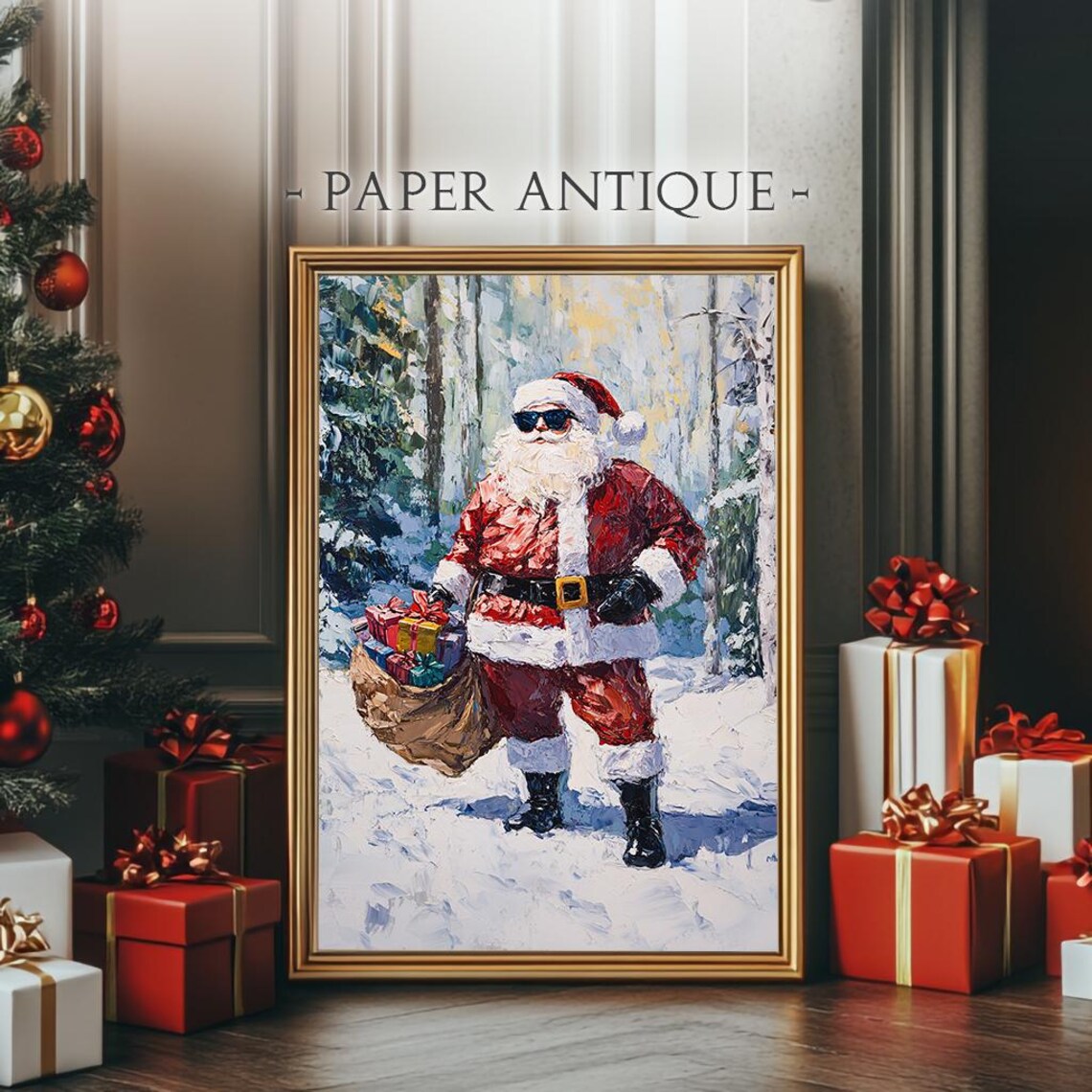 Cool Santa Claus with Sunglasses Holding Gift Sack Oil Painting Poster