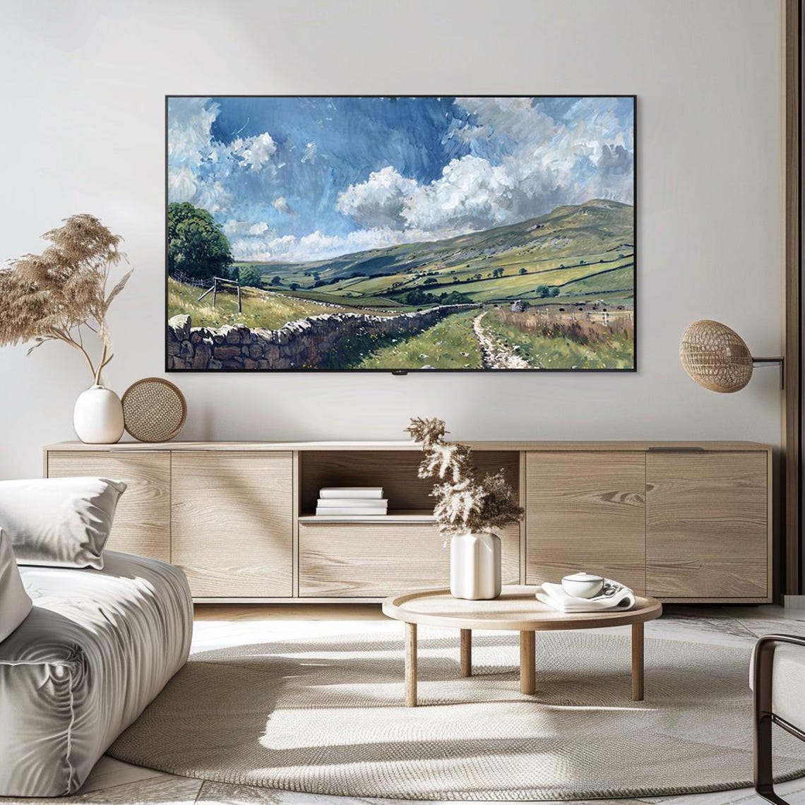 Impressionist Rolling Hills Stone Wall Big Clouds Countryside Poster - Image 5