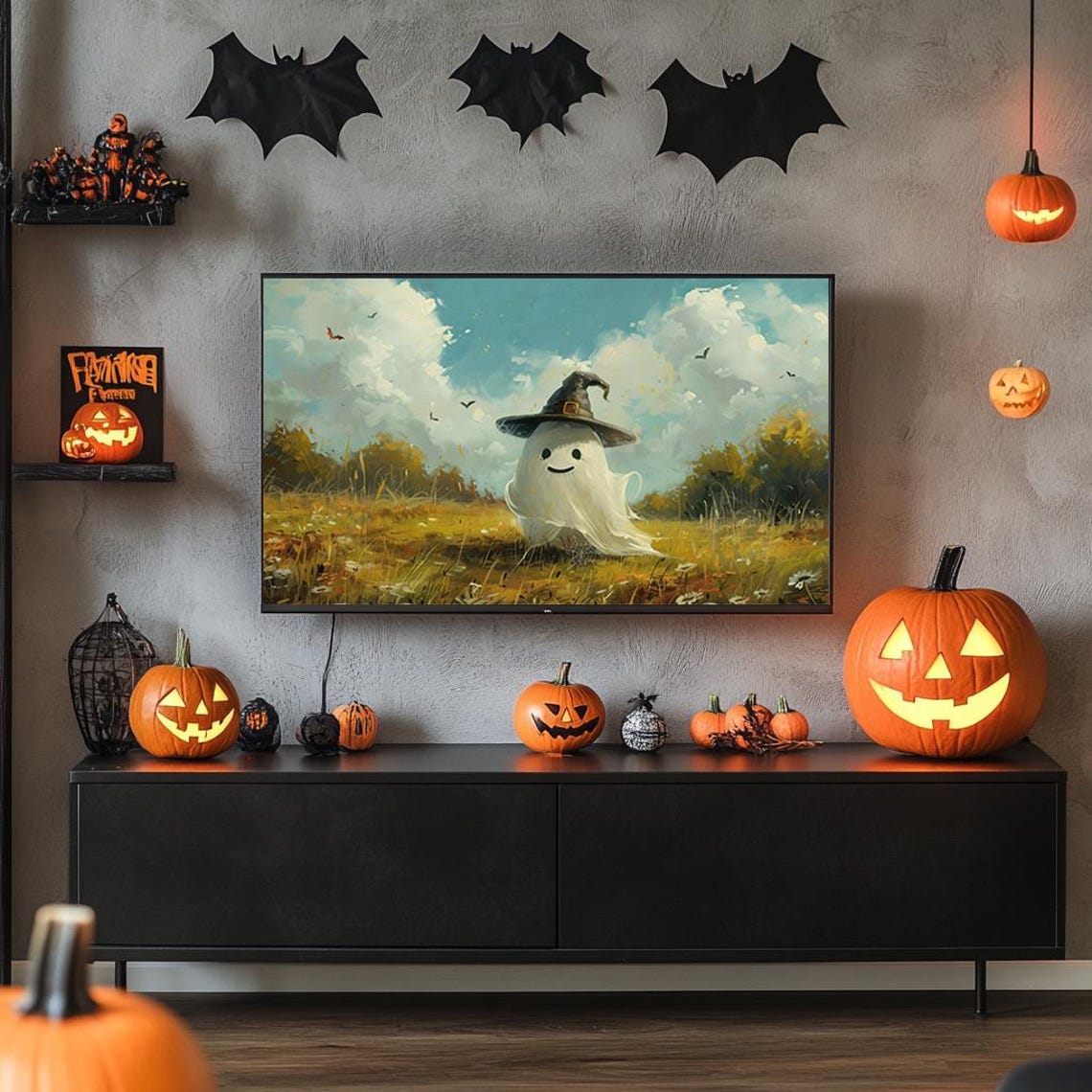 Cute Ghost Witch Hat Autumn Field Bats Whimsical Halloween Poster - Image 5