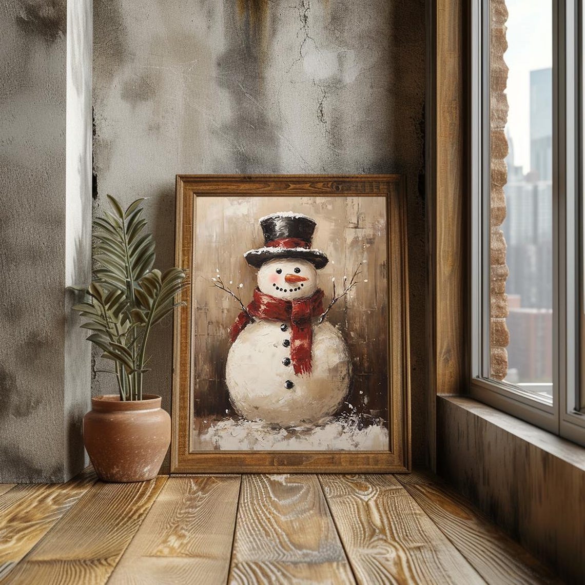 Rustic Snowman With Top Hat And Red Scarf Winter Scene Poster - Image 3