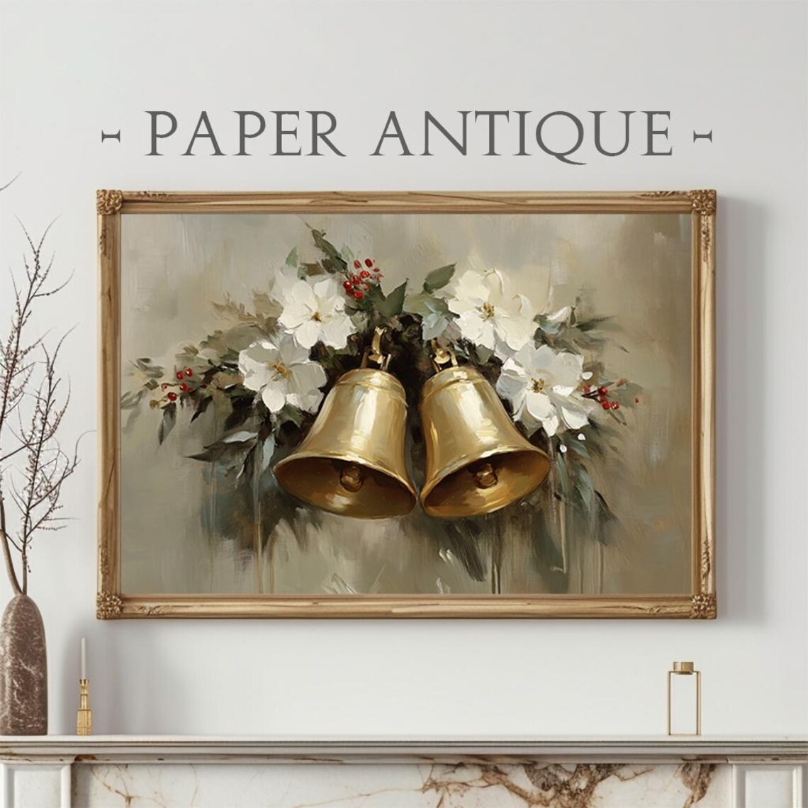 Golden Christmas Bells With White Flowers Vintage Oil Painting Poster