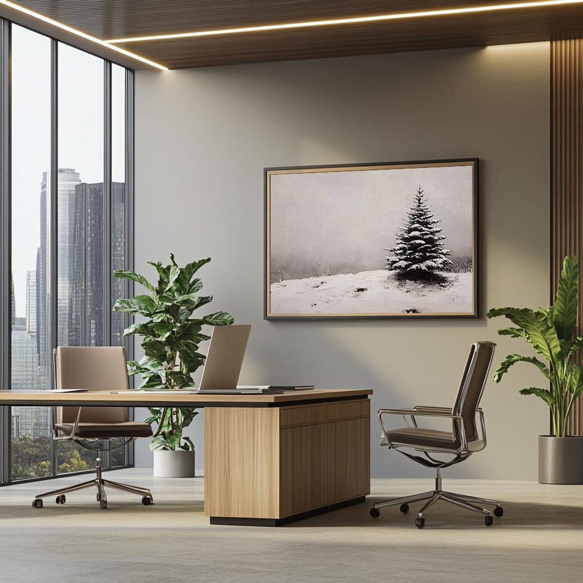 Lone Snow Covered Pine Tree Minimalist Winter Landscape Oil Poster - Image 3