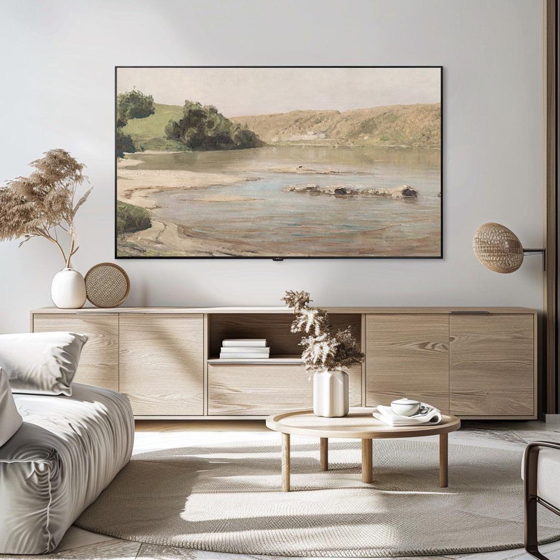 Quiet Riverbank Lake Hills Vintage Calm Water Landscape Poster - Image 5