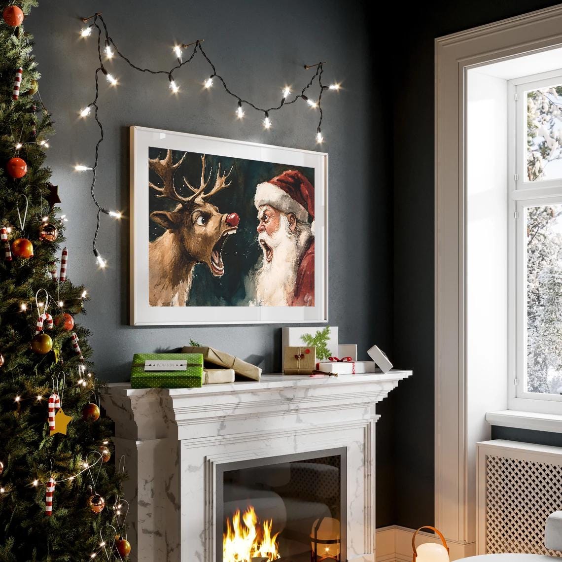 Santa And Reindeer Funny Argument Watercolor Christmas Humor Poster - Image 2