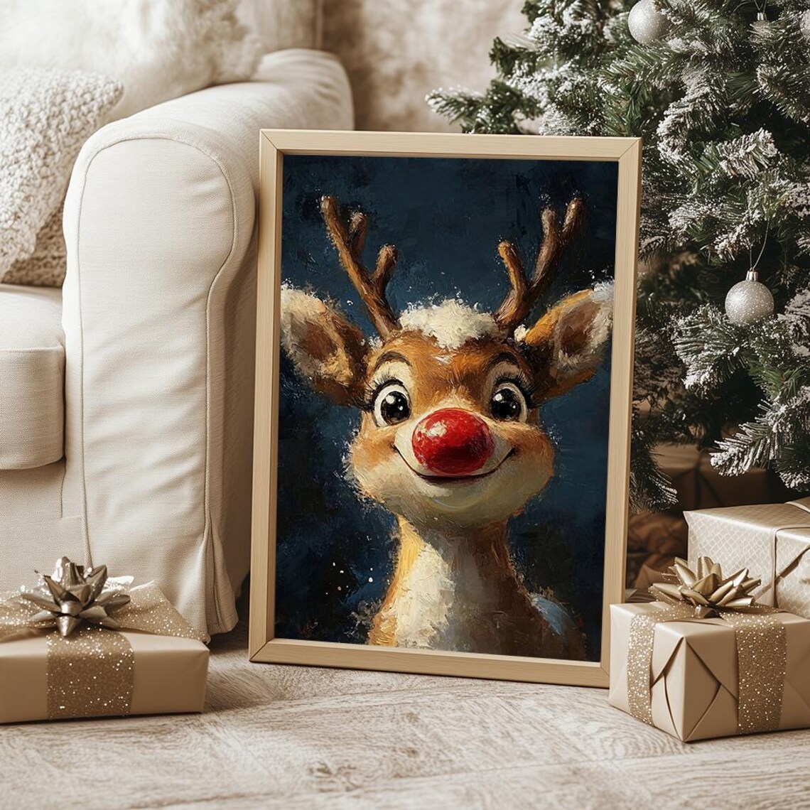 Rudolph Red Nosed Reindeer Cute Holiday Oil Painting Art Poster - Image 5