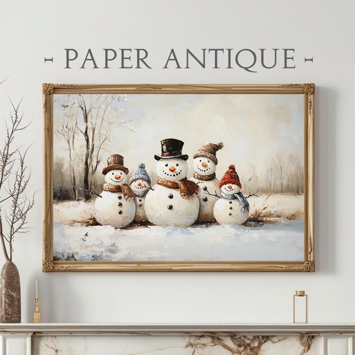 Snowman Family Christmas Painting Vintage Whimsical Snowmen Poster