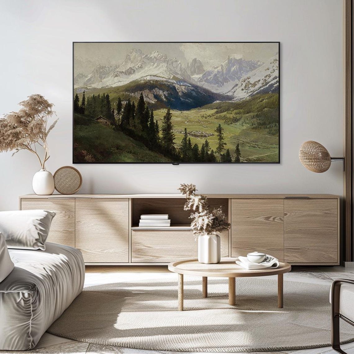 Snowy Alpine Peaks Pine Valley Vintage Mountain Painting Poster - Image 5